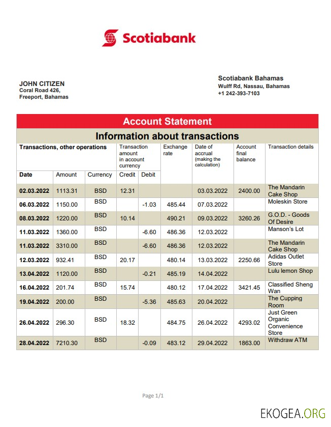 Relevé bancaire de la Banque Scotia des Bahamas
